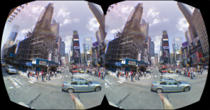 Street view with cars and tall buildings, 3d stereo images from oculus rift