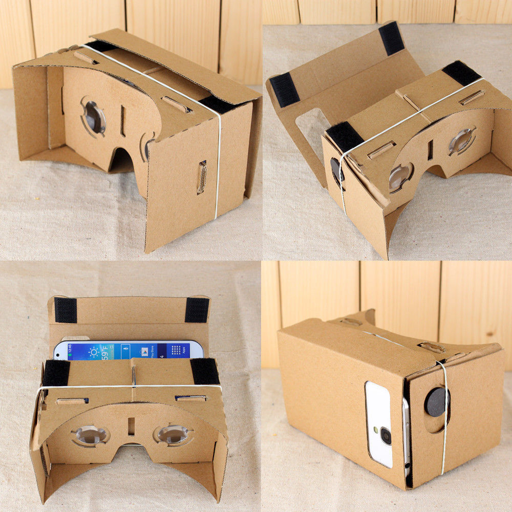Google cardboard, 4 images, showing how smartphone is inserted into the Cardboard system.